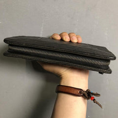 Genuine Leather Mens Cool Long Leather Wallet Zipper Clutch Wristlet Wallet for Men