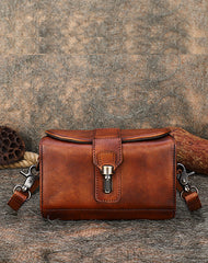 Vintage Brown Leather Womens Box Shoulder Bag - Front View