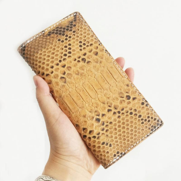 Handmade Cool Mens Black Snake Skin Long Wallet Yellow Slim Bifold Long Wallets CZPY02451026