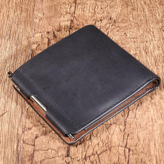 Leather Mens Black Small billfold Wallet Bifold Business Card Wallet For Men with Pen