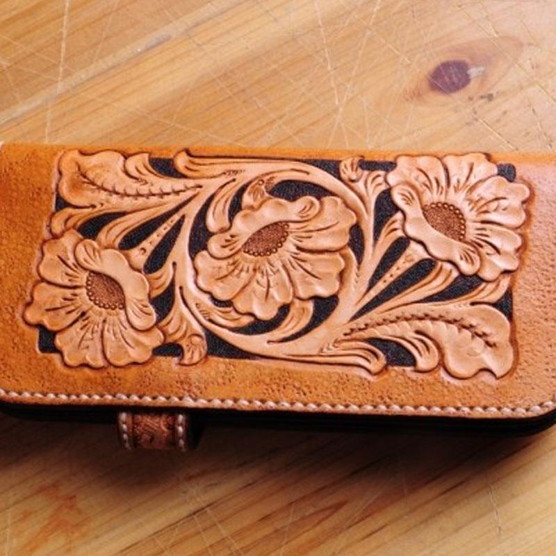 Handmade Tooled Floral Mens Leather Long Biker Wallet Cool Long Chain Wallet for Men