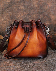 Vintage Tan Leather Womens Bucket Shoulder Bags - Front View
