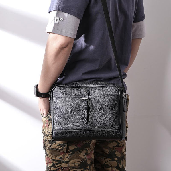 Casual Black Leather MENS Small Side Bag - Back View