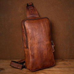Brown Leather Mens 10 inches Sling Bag Sling Pack Casual Chest Bags One Shoulder Backpack for Men