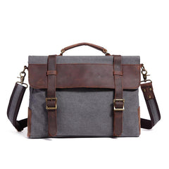 Canvas Leather Mens Vintage Khaki 14'' Briefcase Side Bag Lake Green Messenger Bag Brown Courier Bag for Men