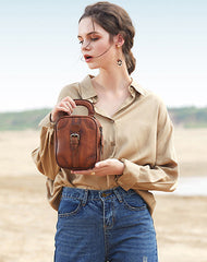 Brown Leather Womens Small Vertical Shoulder Bag Small Handmade Crossbody Handbag Purse for Ladies