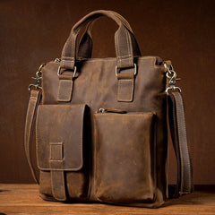 Vintage Brown Leather Mens 13 inches Vertical Briefcase Laptop Bags Business Bags Work Messenger Bag for Men