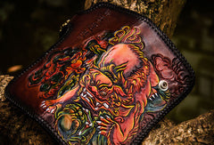 Handmade leather Chinese Lion biker wallet long wallet brown leather men phone - EverHandmade