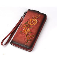 Womens Flowers Red Leather Zip Around Wallet Wristlet Wallet Floral Ladies Zipper Clutch Wallet for Women
