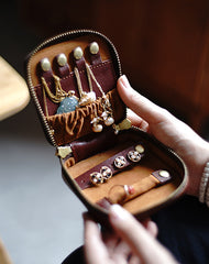 Cute Women Brown Leather Small Jewelry Organizer Mini Jewelry Portable Jewelry Storage Box For Women