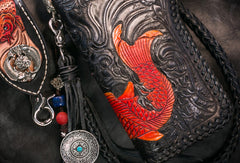 Handmade Leather Long Black Biker Wallet Trucker Wallet Leather Chain Men Red Carp Tooled Wallet - EverHandmade