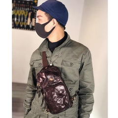 Vintage Black Leather Mens Cool Chest Bag Sling Bag Crossbody Pack Tan One Shoulder Backpack for men