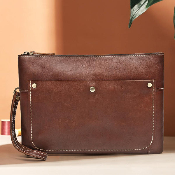 Large Brown MENS LEATHER SLIM ZIPPER CLUTCH - Back View