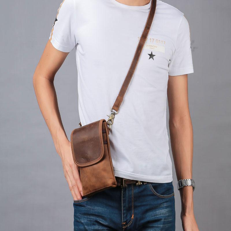 Cool Brown Leather Mens Mini Shoulder Bag Belt Pouch Waist Bag