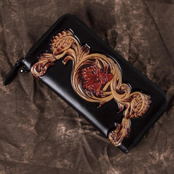 Black Tooled Leather Men's Bifold Long Zipper Wallet Clutch Bag Red For Women FY01191071
