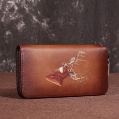 Brown Vintage Deer Wallet Leather Mens Womens Gray Long Wallet Zipper Clutch Wallet For Men