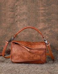 Vintage Brown Leather Womens Cube Shoulder Bag - Front View