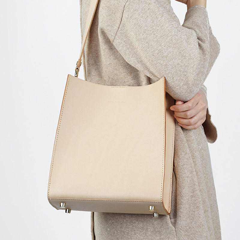Fashion Beige Leather Women Handbag Tote Box Tote Bag Box Shoulder Bag For Women