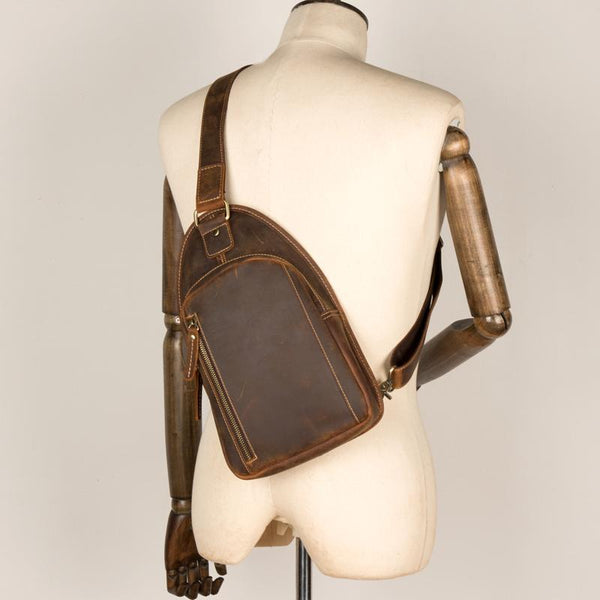 Vintage Brown Leather Mens Sling Bag Cool - Back View