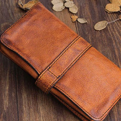 Handmade Leather Mens Cool Long Leather Wallet Bifold Clutch Wallet for Men