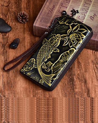 Womens Carp&Lotus Flower Black Leather Zip Around Wallet Wristlet Wallet Floral Ladies Zipper Clutch Wallet for Women