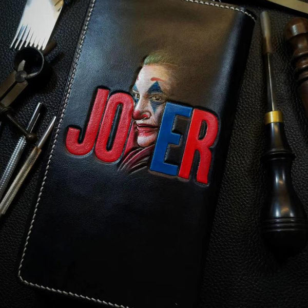 Badass Black Leather Men's Joker Long Biker Wallet Handmade Tooled Zipper Long W TW12001003
