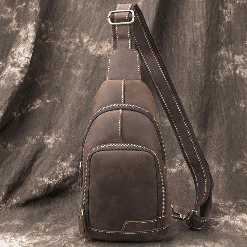Cool Black Mens Leather Sling Bag Sling Backpack Chest Bag Sling Shoulder Bag For Men