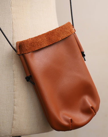 Cute Brown LEATHER Side Bag Phone WOMEN SHOULDER BAG Slim Phone Crossbody Pouch FOR WOMEN