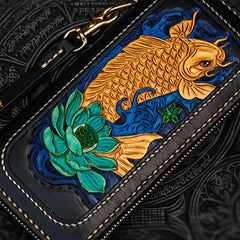 Handmade Leather Tooled Carp Mens Chain Biker Wallet Cool Leather Wallets Long Wallets for Men