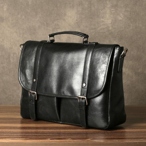 Genuine Leather Mens Cool Black Briefcase Work Bag Business Bag for men