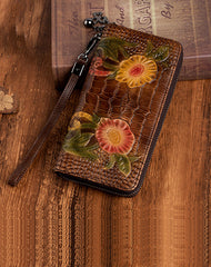Handmade Floral Coffee Leather Wristlet Wallet Crocodile Pattern Womens Zip Around Wallets Flowers Ladies Zipper Clutch Wallet for Women