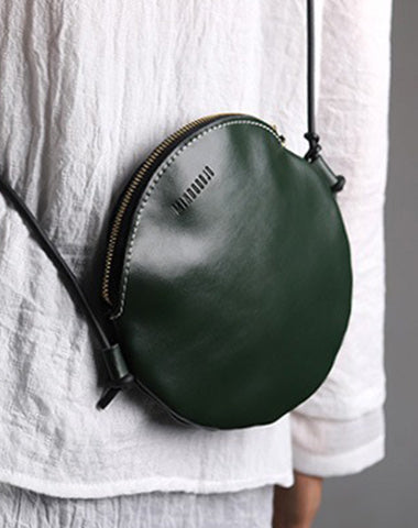 Cute Round LEATHER Slim Side Bag Green WOMEN Circle SHOULDER BAG Small Crossbody Purse FOR WOMEN