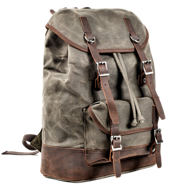 Waxed Canvas Leather Mens Waterproof Travel Green Backpack 15'' Computer Backpac MCCY01881080