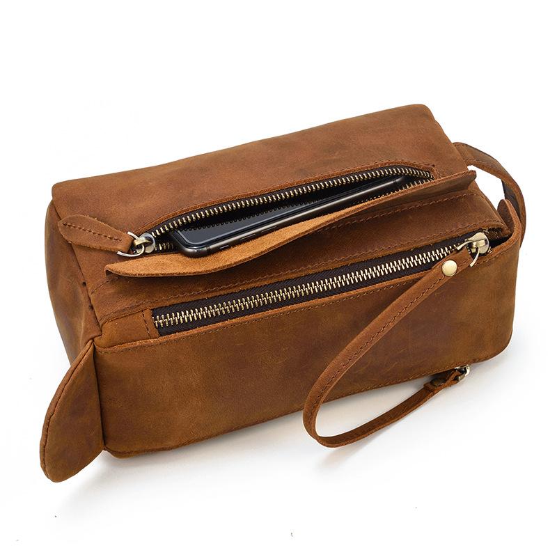 Brown Leather Men's Clutch Bag Double Zipped Dark Brown Wristlet Handbag Storage Bag For Men