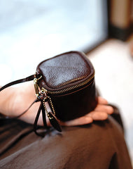 Vintage Coffee Leather Wristlet Wallet Cube Zip - Front View