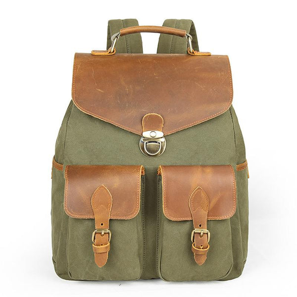Canvas Leather Mens 14" Black Computer Backpack Green Travel Backpack Khaki Coll SCC02891028