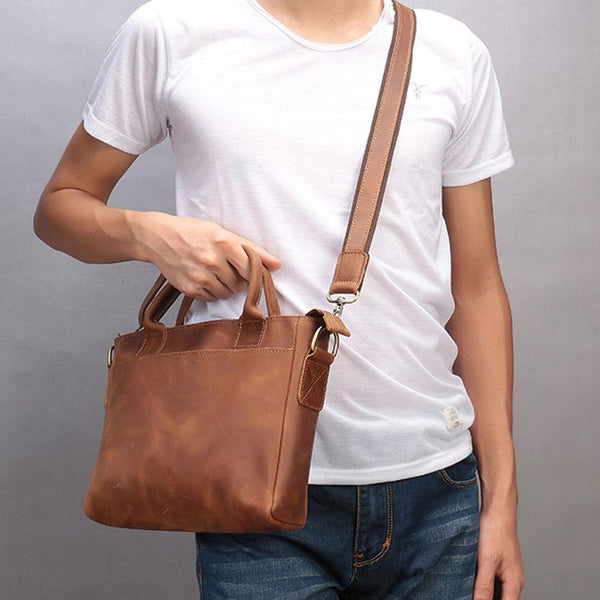 Cool Brown Leather Mens Vintage Small Briefcase Work Bag Shoulder Bag For Men