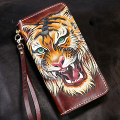 Handmade Leather Tiger Tooled Mens Chain Biker Wallet Cool Leather Wallet Long Phone Wallets for Men
