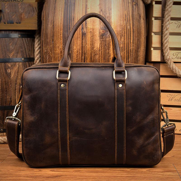 Brown Leather Mens 14 inches Briefcase Laptop - Back View