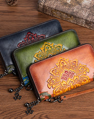 Vintage SunFlower Green Leather Wristlet Wallet Womens - Side View