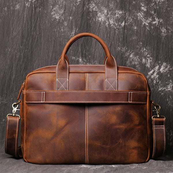 Brown Leather Men 14 inches Vintage Briefcase - Back View