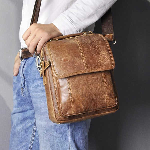 Brown LEATHER MENS Vertical SIDE BAG Small - Back View