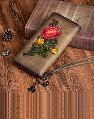 Womens Brown Leather Zip Around Wallet Chrysanthemum Flower Wristlet Wallet Floral Ladies Zipper Clutch Wallet for Women