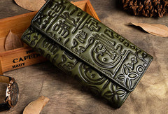 Handmade Long Leather Wallet Carved Vintage Wallet Botton Clucth Purse For Men Women