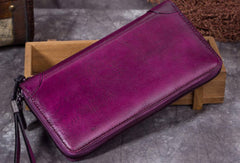 Genuine Leather Wallet Zip Long Wallet billfold Wallet Purse For Men Women - EverHandmade