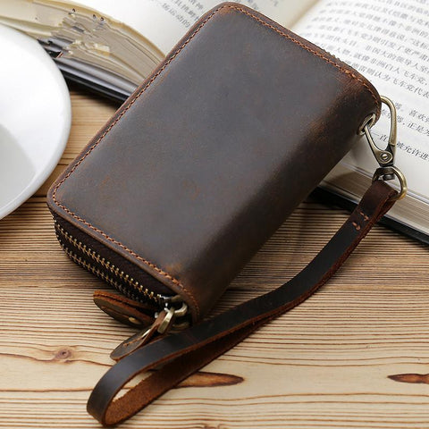 Leather Key Holder Wallet Mens Leather CarKey Fob Wallet Zipper Leather Key Wallet