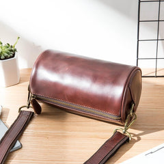 Red Brown Cool Leather Mens 8 inches Barrel Side Bag Bucket Messenger Bags Courier Bag for Men