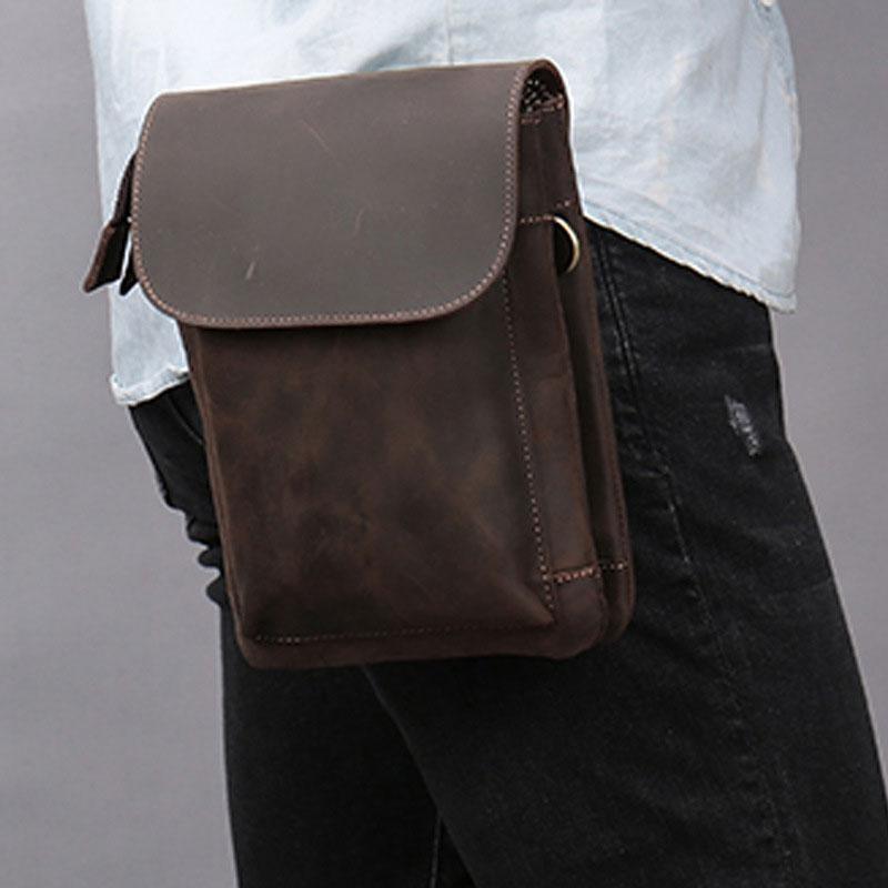 Cool Dark Brown Leather Mens Belt Pouch Small Side Bag Waist Belt Bag For Men