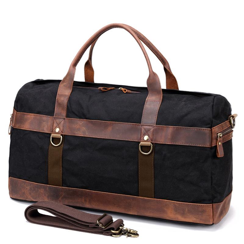 Cool Waxed Canvas Leather Mens Black Waterproof Travel Weekender Bag Duffle Bag for Men