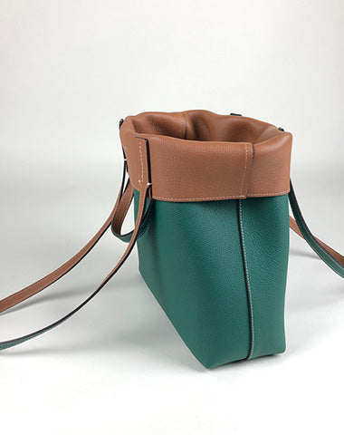 Cute Womens Green&Brown Leather Shoulder Tote Bag Best Tote Handbag Shopper Bag Purse for Ladies